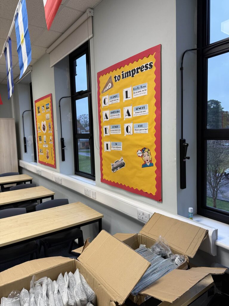 Window control installation project at Bishop Stortford College showing conduit and operator placement.