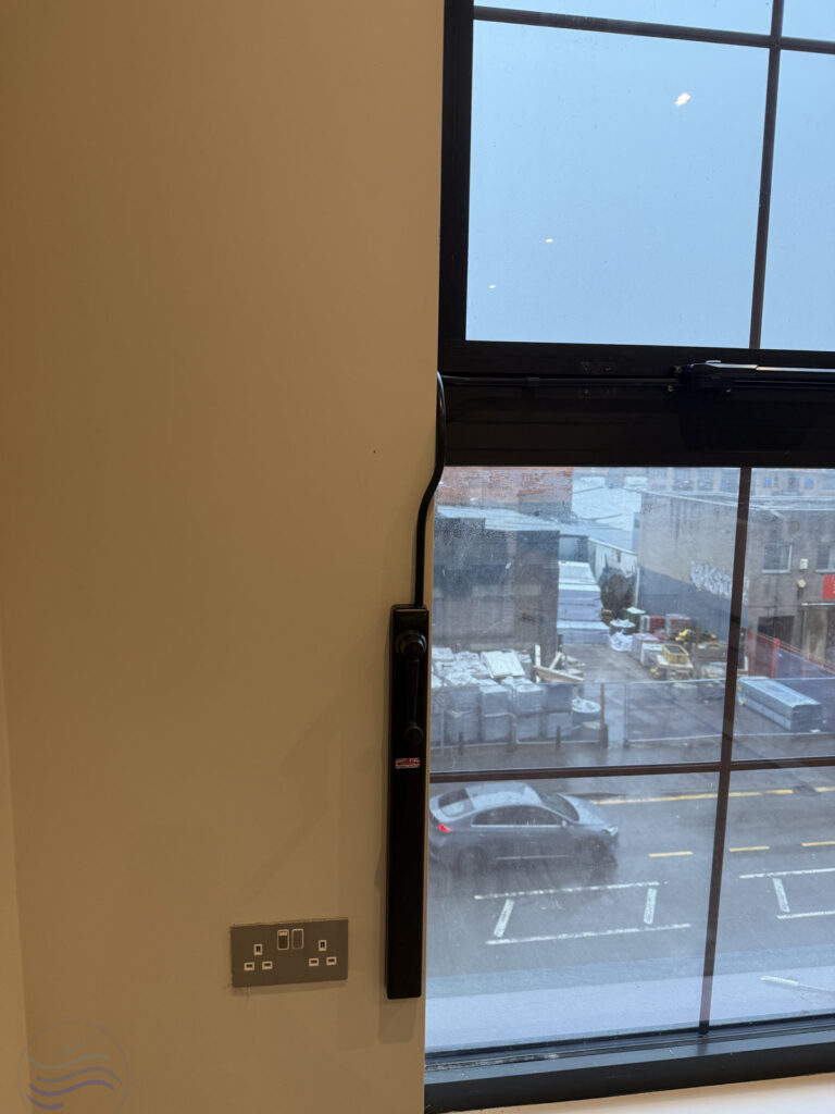 Manual Window Control installation for Galliard Homes featuring a black Teleflex Midi XL Operator at Lower Essex Street, Birmingham.